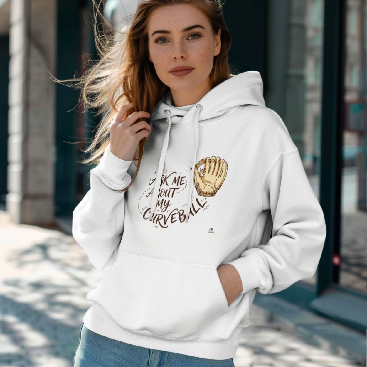 Woman in a winter street wearing a VIZVOICE hoodie