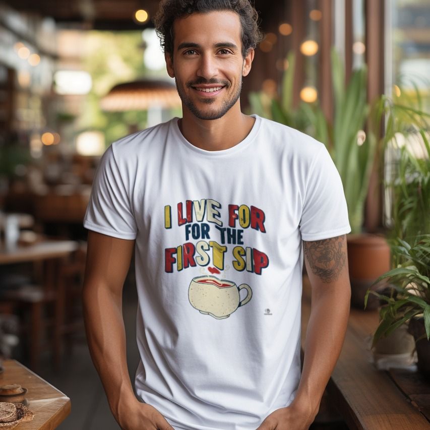 Smiling man in a café wearing a coffee tee
