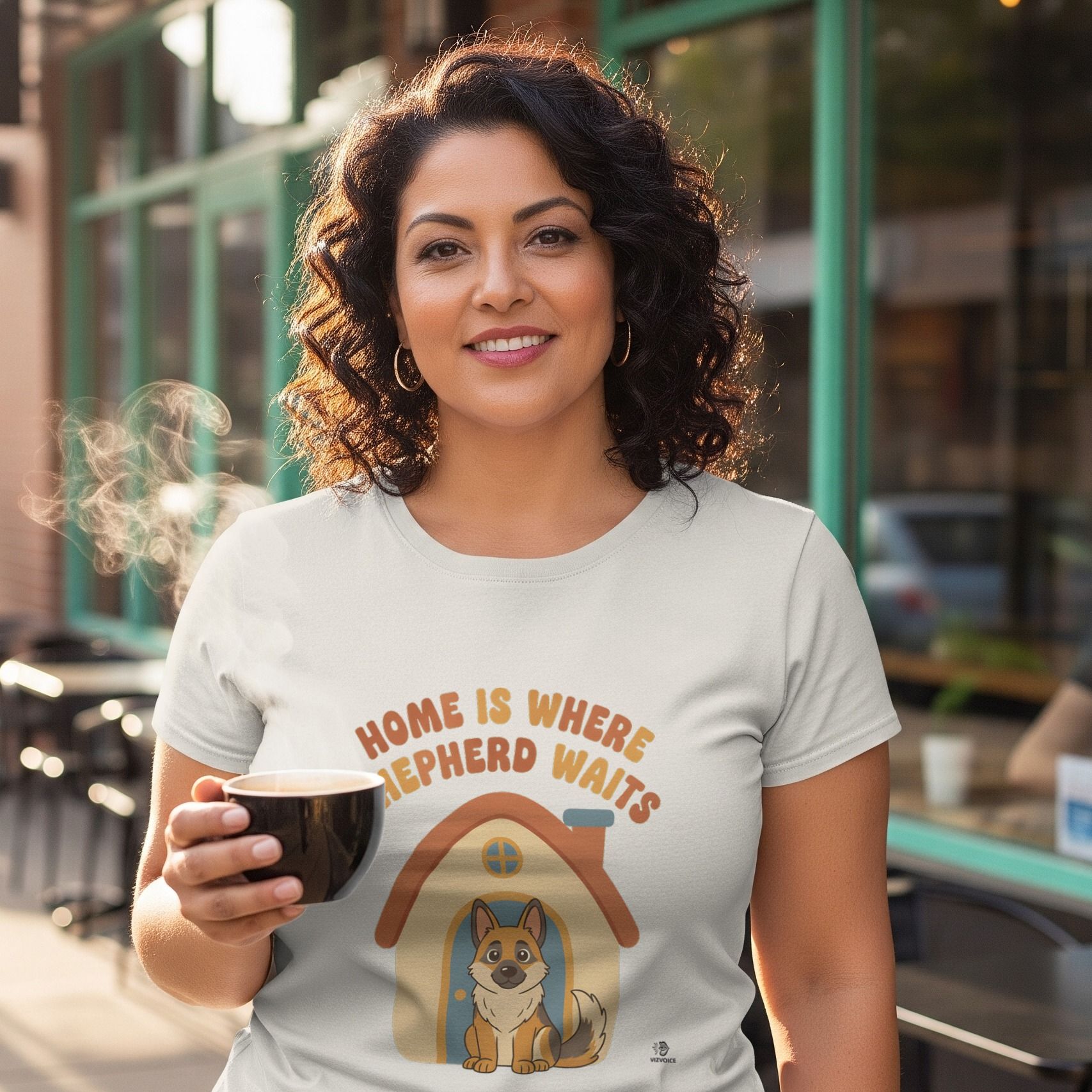 Woman with coffee wearing a dog-lover tee